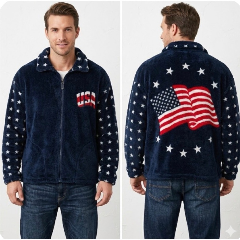 Vintage USA Logo Flag Patriotic Fleece Red White Blue Zip Up Graphic Jacket L